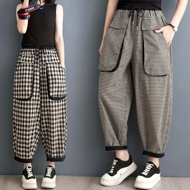 Lewwe-High Rise Gingham Baggy Pants