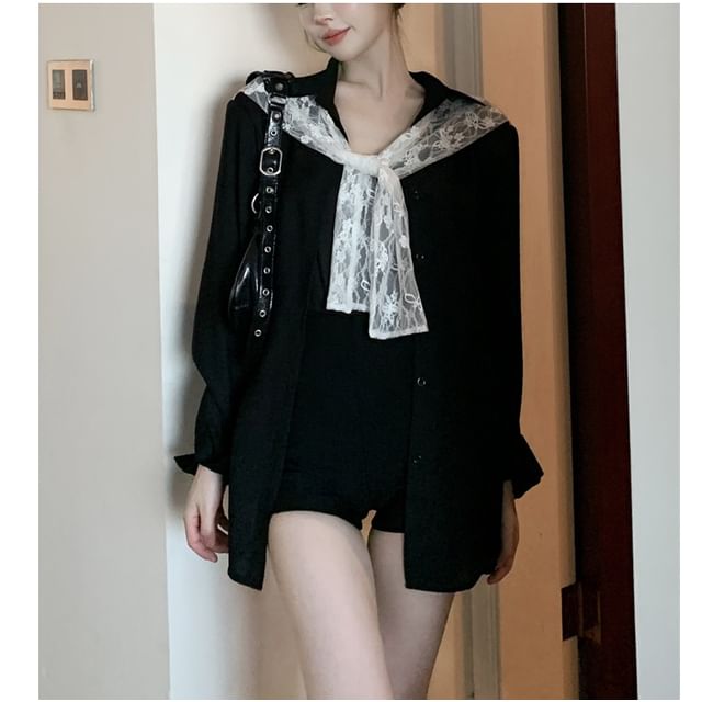 Whoosh-Long Sleeve Lapel Neck Button Down Lace Panel Shirt
