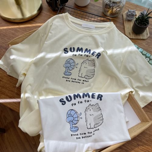 Kawaii Fairyland - Short Sleeve Crew Neck Cat Fan Print T