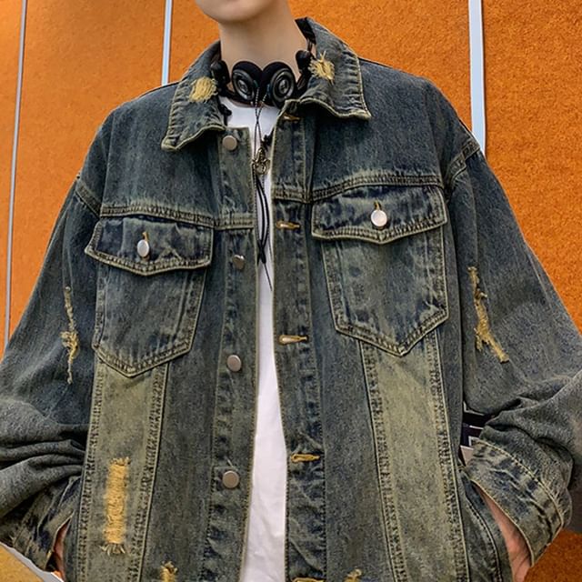 Kimeya-Collared Washed Distressed Button Denim Jacket