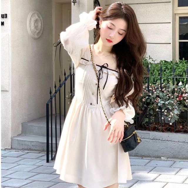 Rustie - Long-Sleeve Square Neck Bow Pintuck Frill Button Mini A-Line ...
