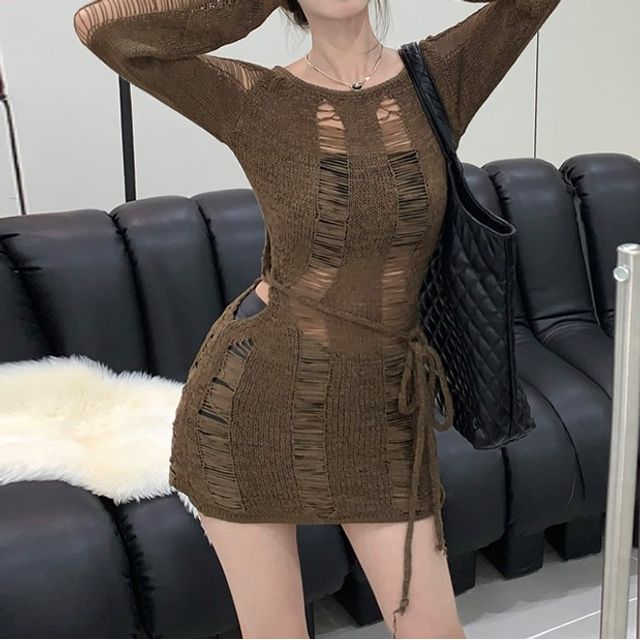 knee length dresses for ladies Blue Planet | Solid Color Crew Neck Ripped Sweater Dress main image 0