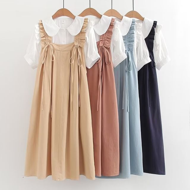 PANDAGO-Set Short-Sleeve Plain Ruffle Trim Blouse Drawstring A-Line Overall Dress