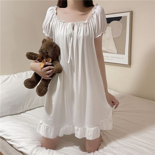 Dazzli - Long-Sleeve Plain Bow Sleep Dress / Short-Sleeve Sleep Dress