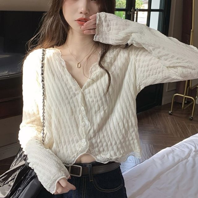 Moon City-V-Neck Plain Ruffle Trim Top