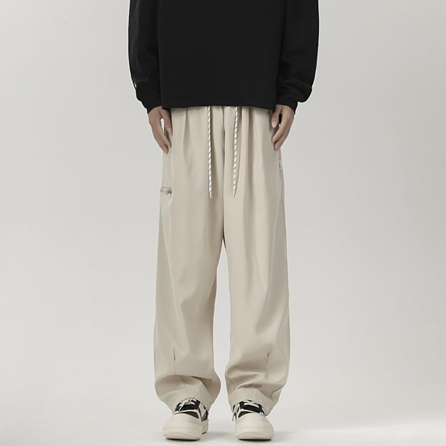 Hushgrain-Drawstring Waist Plain Wide Leg Cargo Pants