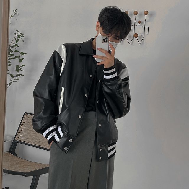 MRCYC-Two-Tone Faux Leather Button-Up Jacket