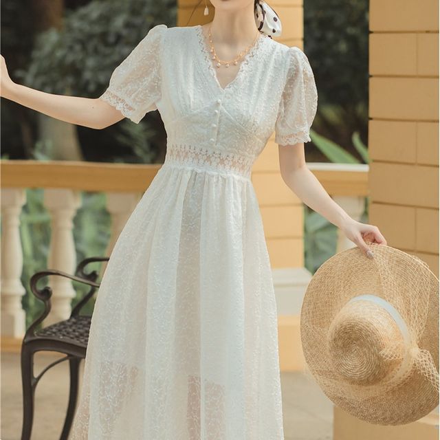 chinese dress ladies Sea Arielle Lace V-Neck Midi Dress in Cream – Hampden Clothing main image 1