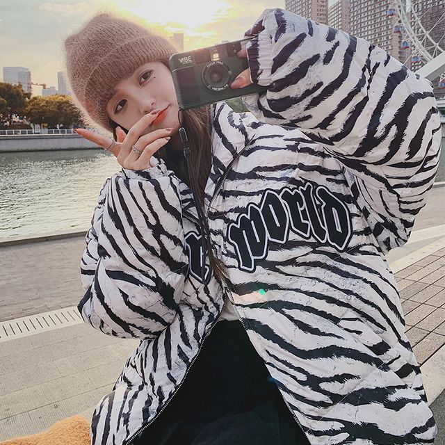 Tzarkozy Lettering Zebra Zip Puffer Jacket YesStyle