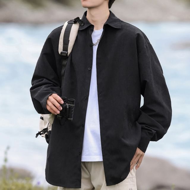 YERGO-Long Sleeve Collared Plain Shirt