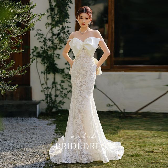 chinese dress ladies Full Lace Mermaid Bridal Dress Short Sleeves – loveangeldress