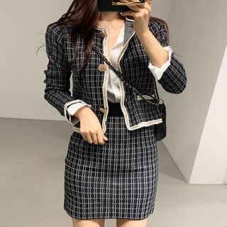 Set: Tweed Button-Up Jacket + Mini A-Line Skirt