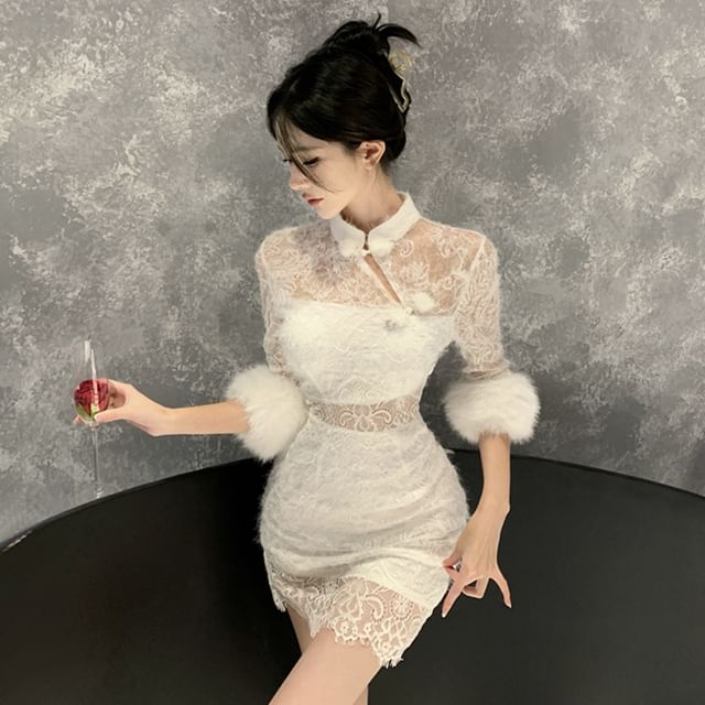 floral lace mock neck mini dress Little White Dress - Floral Lace Dress - Mock Neck Mini Dress
