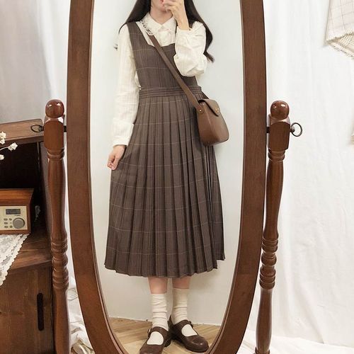 Plaid Pleated Midi Pinafore Dress