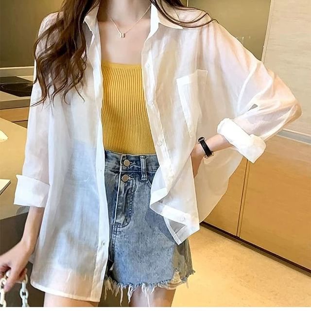 Cloud Nine-Long-Sleeve Plain Pocket Detail Shirt