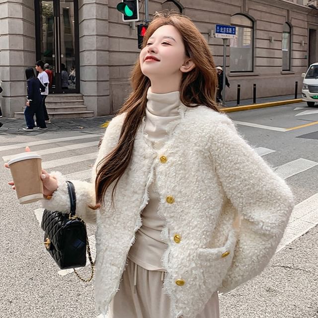 Tzarkozy-Round Neck Plain Fluffy Button Up Jacket