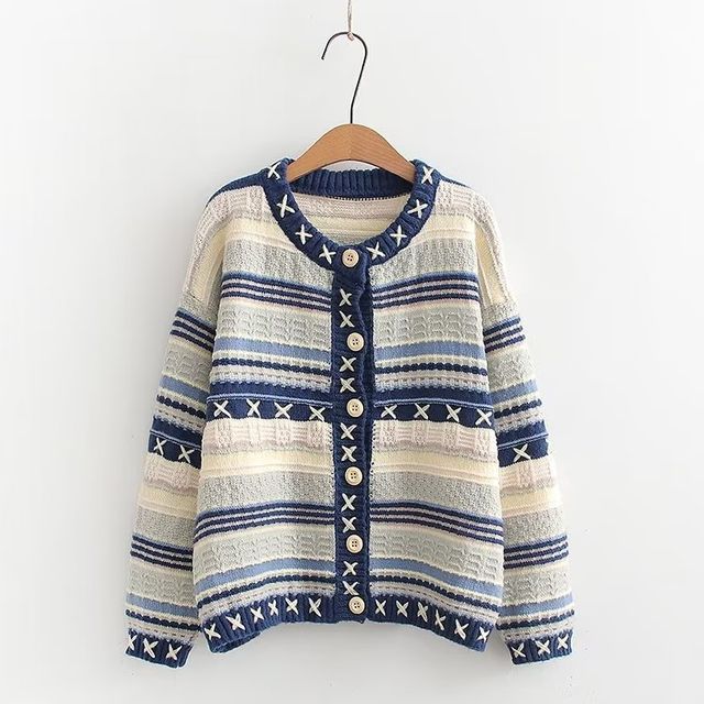 PANDAGO-Crew Neck Striped Cardigan