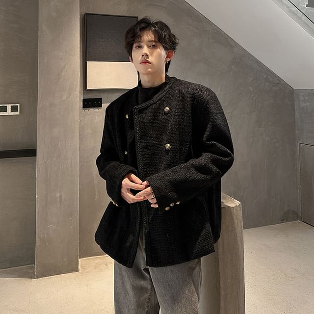 Orungeetun-Round Neck Tweed Double Breasted Jacket