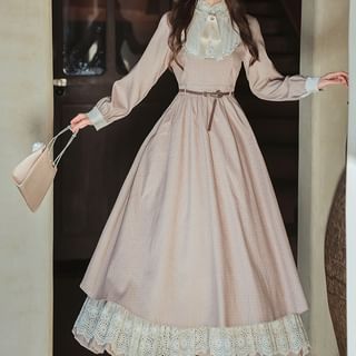 Nebbia Long-Sleeve Stand Collar Bow Ruffle Panel Midi A-Line Dress Sale