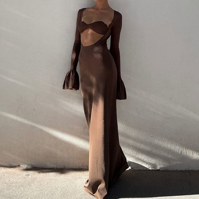 Wanderstar - Set: Bell Sleeve Deep Plunge Plain Maxi Sheath Dress + Bandeau Bra Top | YesStyle Wanderstar - Set: Bell Sleeve Deep Plunge Plain Maxi Sheath Dress + Bandeau Bra Top | YesStyle