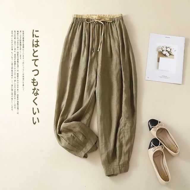 Lewwe-Drawstring Waist Contrast Trim Cropped Baggy Pants