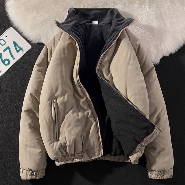 Whyessa-Stand Collar Fleece Lined Zip Jacket