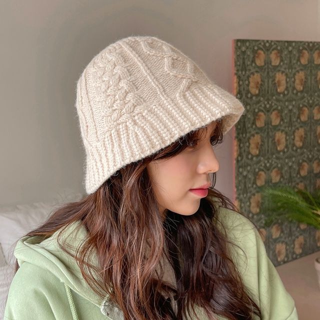 【ROMANTIC CROWN】23SS★ CABLE KNIT BUCKET HAT 2023 Autumn New Crochet Korean Handmade Bucket Hat Women