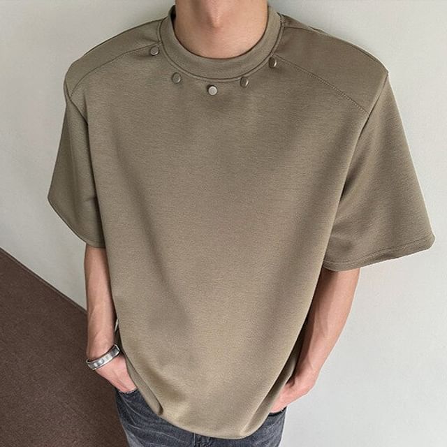 Drawouf-Elbow-Sleeve Crew Neck Plain Studded T-Shirt