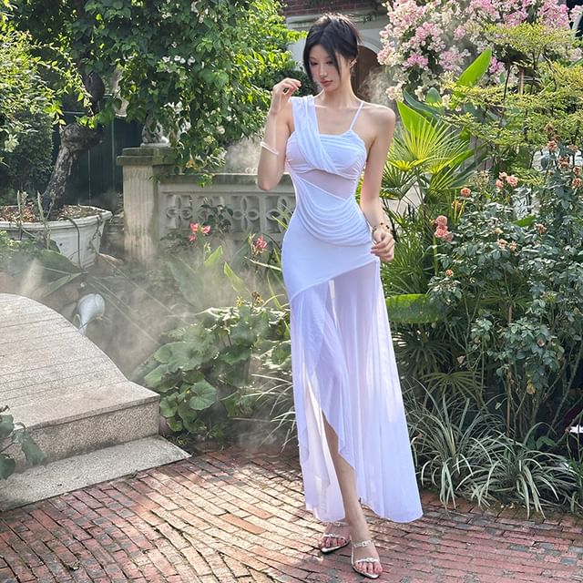 Bababy-Spaghetti Strap Asymmetrical Shoulder Plain Sheer Panel Ruched Bodycon Maxi Dress