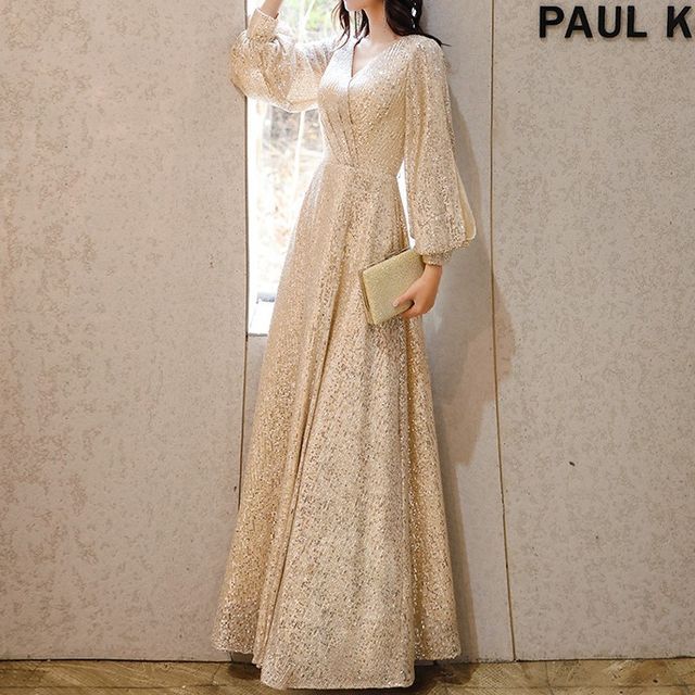 Amanti - Long-Sleeve V-Neck Sequin A-Line Evening Gown / Midi Cocktail Dress (Various Designs) | YesStyle Amanti - Long-Sleeve V-Neck Sequin A-Line Evening Gown / Midi Cocktail Dress (Various Designs) | YesStyle