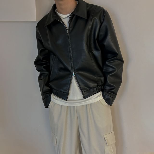 MRCYC-Collared Plain faux Leather Zip Jacket
