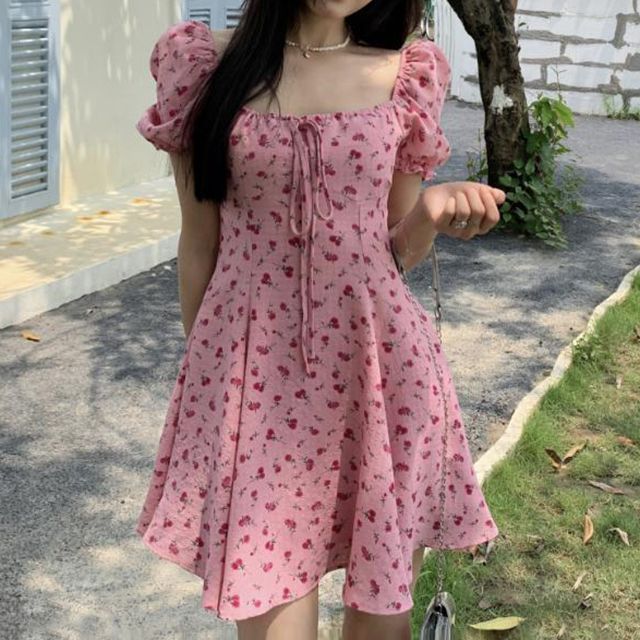 CaraMelody - Short-Sleeve Square Neck Floral Mini A-Line Dress | YesStyle