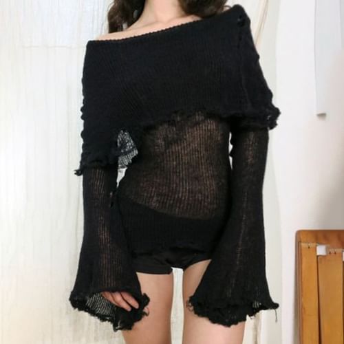 Sheer Knitted Long Sleeve Top Black