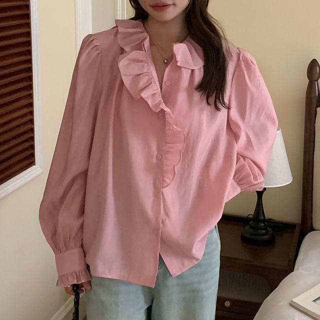 Jesong-Long-Sleeve Collared Plain Ruffle Trim Button Up Blouse