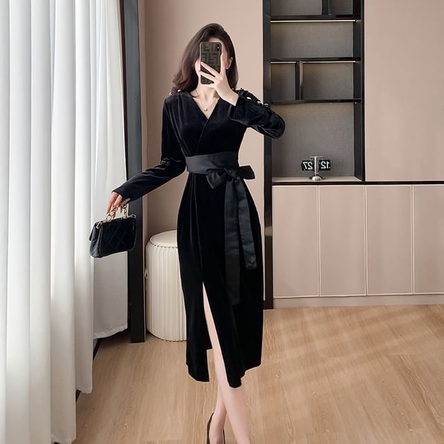 chinese dress ladies Red Velvet Long Sleeve Maxi Dress Small main image 1