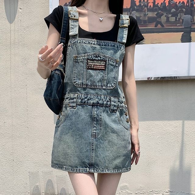 Closette - Sleeveless Denim Mini Dungaree Dress | YesStyle