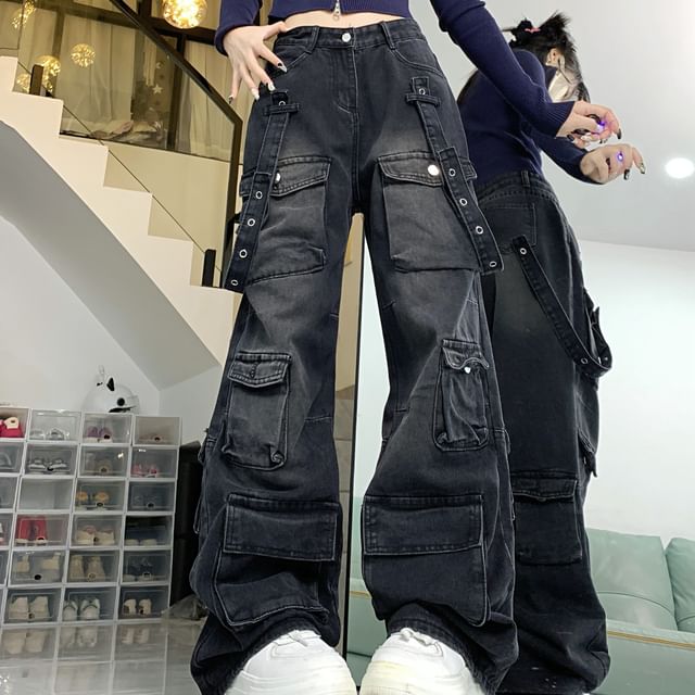 Porstina - Mid Rise Washed Wide Leg Cargo Jeans | YesStyle