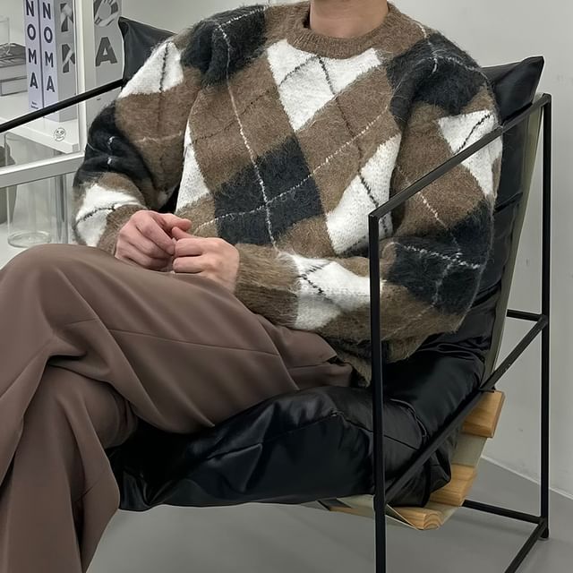 mopagrati-Crew Neck Argyle Sweater