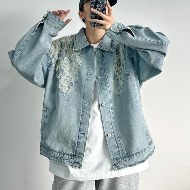 VEAZ-Lapel Collared Washed Denim Distressed Button Jacket