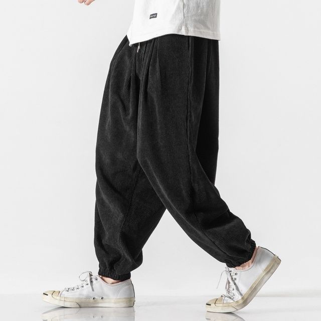 Aozora-Drawstring Waist Plain Corduroy Harem Pants