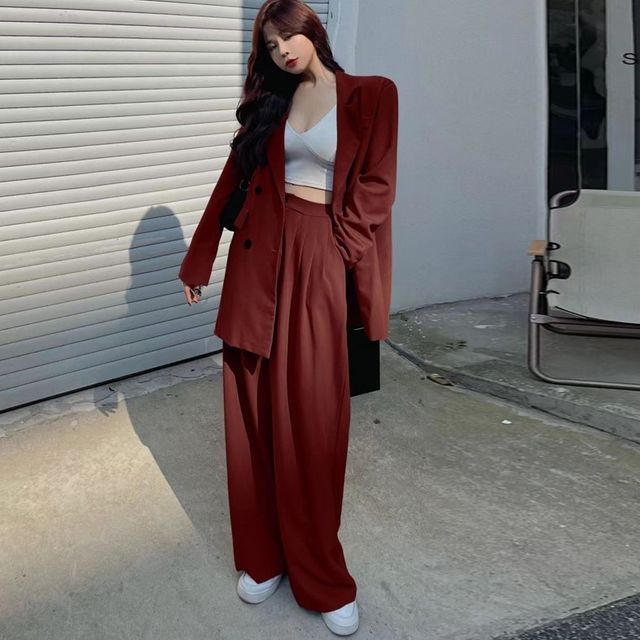 Rorah Plain Oversized Double-Breasted Blazer High Rise Wide