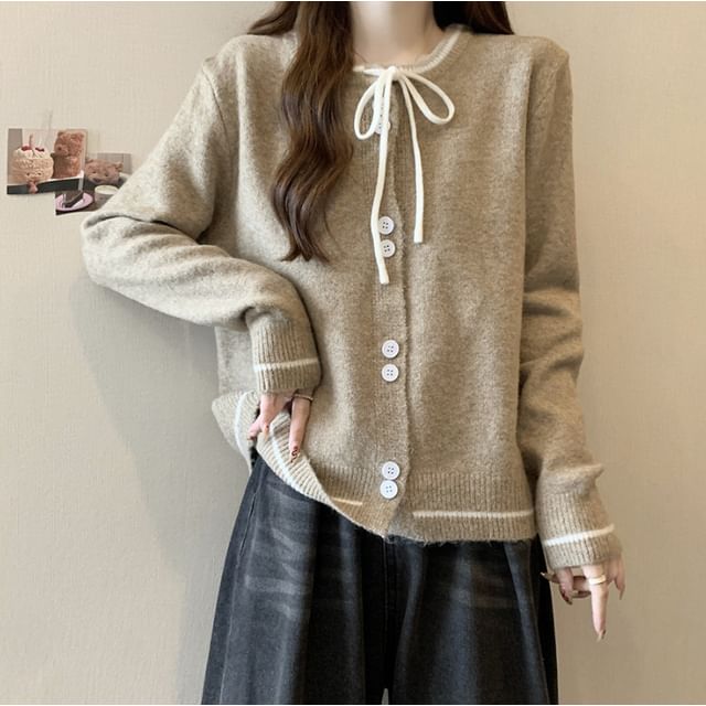 Essere-Crew Neck Contrast Trim Tie Front Button-Up Cardigan