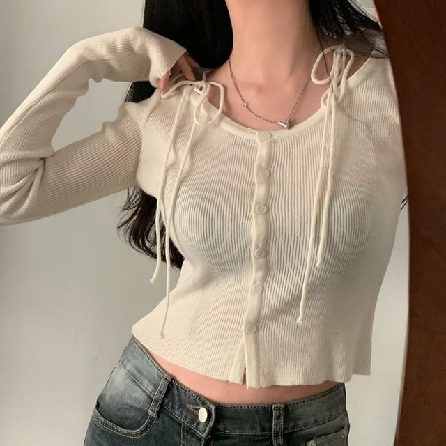Glotto-Long Sleeve Cold Shoulder Button Up Knitted Cardigan