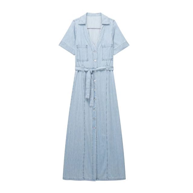 Omelia - Short-Sleeve V-Neck Sashed Denim Maxi A-Line Shirt Dress | YesStyle