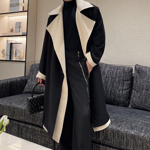 Omozando-Long-Sleeve Color-Block Woolen Coat