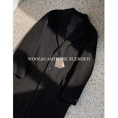 JOGUNSHOP - Peak-Lapel Single-Breasted Woolen Long Coat
