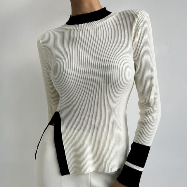MIKIGA - Color Block Mock Neck Ribbed Slit Knit Top | YesStyle