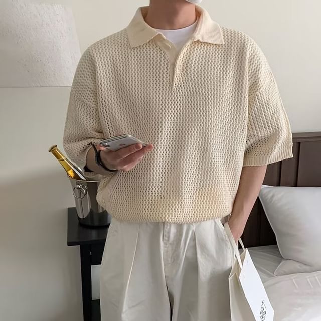 DuckleBeam-Short-Sleeve Plain Knit Polo Top