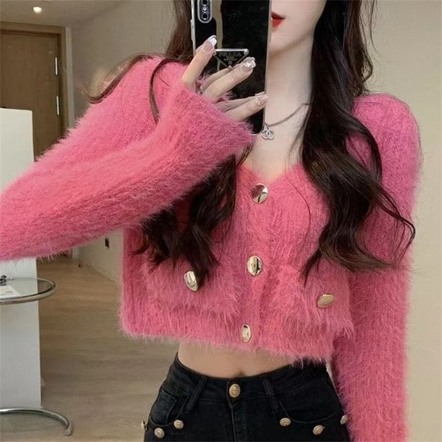 Beaustreet-V-Neck Fluffy Button-Up Plain Crop Cardigan
