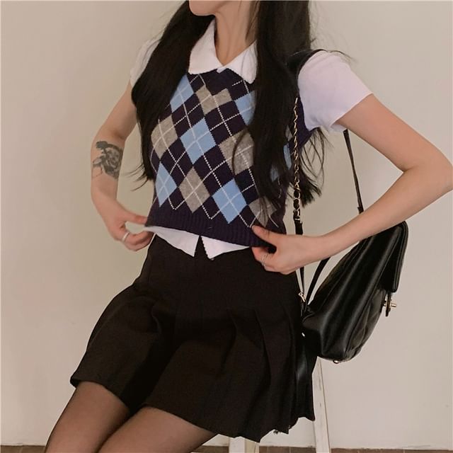 Windflower - Short-Sleeve Button-Up Shirt / Argyle Cropped Sweater Vest / Pleated Mini A-Line Skirt